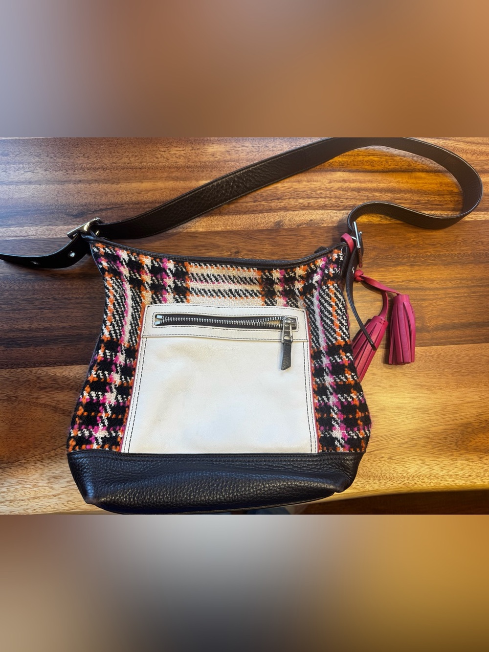 Coach Leather-Trim Plaid Crossbody Bag with Pink Tassel